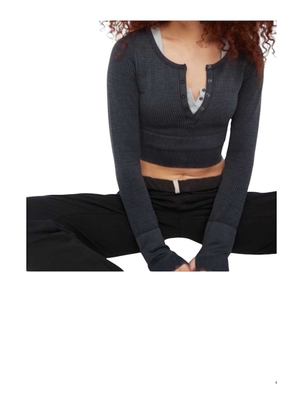 Aerie OFFLINE Gray Main Squeeze Waffle‎ Knit Cropped Henley Top Sz M